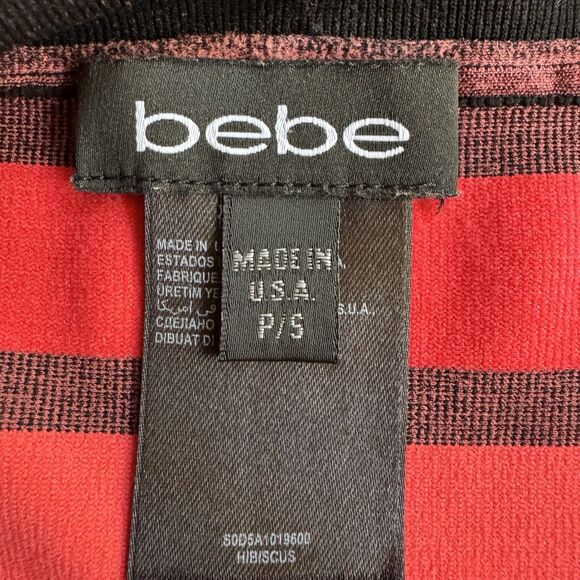 BEBE Dress Size P/S Coral Red Black Stripe Off Shoulder Bodycon Y2K Body Shaping - Picture 10 of 11